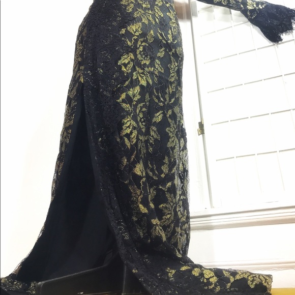 Lace gown black with gold foil lace one shoulder - Picture 2 of 5